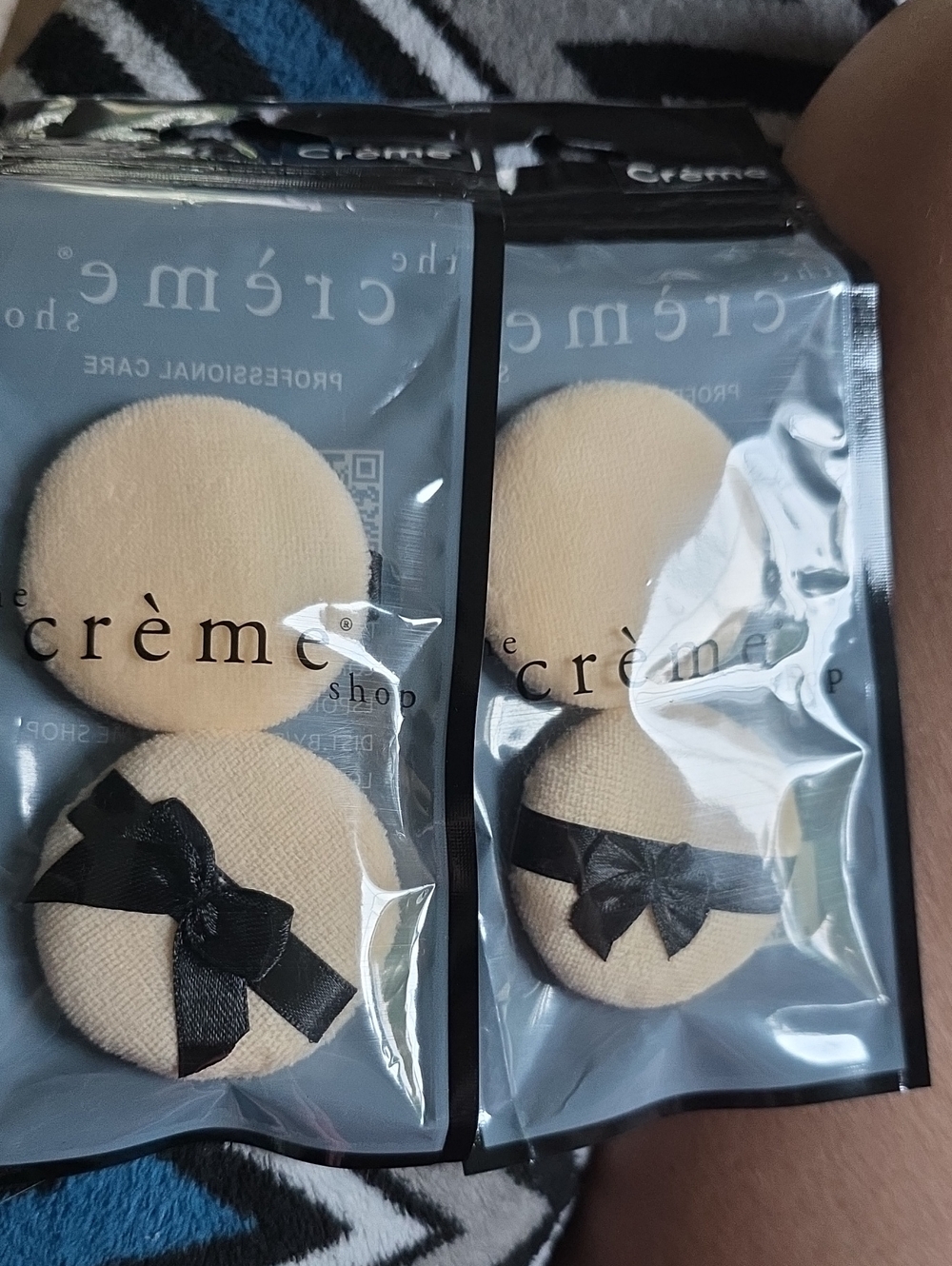 Beige Makeup Puff Set with Black Ribbon - 2 Pack. The Creme Shop